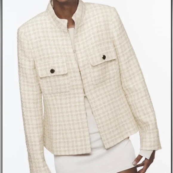 Zara Cream Tweed Texture High Collar Blazer jacket - Picture 3 of 6